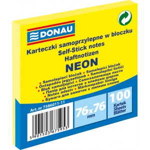 Samolepicí bloček, 76 x 76 mm, 100 listů, neon-žlutý - DONAU U7586011-11