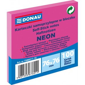 Samolepicí bloček, 76 x 76 mm, 100 listů, neon-růžový - DONAU U7586011-16